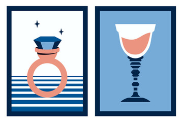 Set of modern posters. Stylish trendy cards with diamond, ring with gemstone, glass of wine, cocktail. Vector flat illustration for Valentine's day, holidays, gift, romantic dinner, wedding, dating