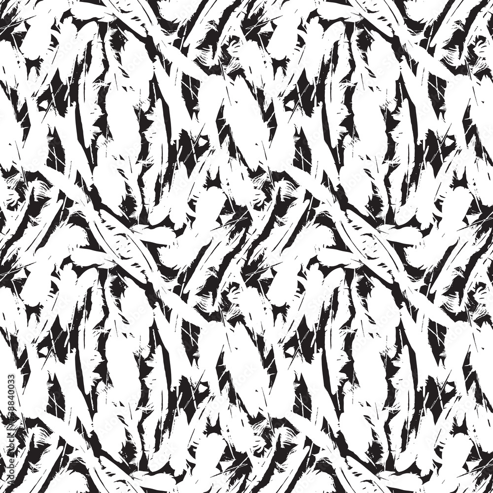 Poster abstract seamless pattern with chaotic scattered bird feathers. monochrome vector background with di