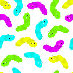 Caterpillar seamless pattern. Cute crawling bug. Insect icon set. Cartoon funny kawaii baby animal character. Smiling face. Colorful bright color. Flat design. White background.