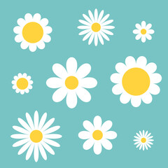 White chamomile icon set. Daisy flower seamless pattern. Camomile decoration. Cute plant collection. Growing concept. Wrapping paper textile template. Green background.