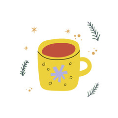 Hot Christmas tea in yellow Cup with snowflake in doodle style.