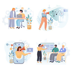 Digital marketing concept scenes set. Marketers develop business, create video content, attract new buyers or traffic. Collection of people activities. Illustration of characters in flat design