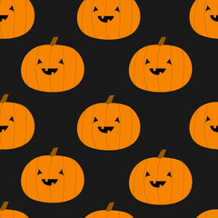 Pumpkin seamless pattern. Happy Halloween. Cute cartoon kawaii funny smiling baby character. Orange silhouette with face. Black background. Flat design.