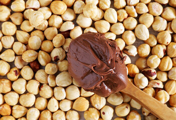 unshelled hazelnuts with chocolate in wooden spoon
