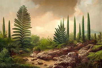 Foto auf Acrylglas Antireflex Prehistoric landscape of flora and fauna from jurassic era of the dinosaurs © Nordiah
