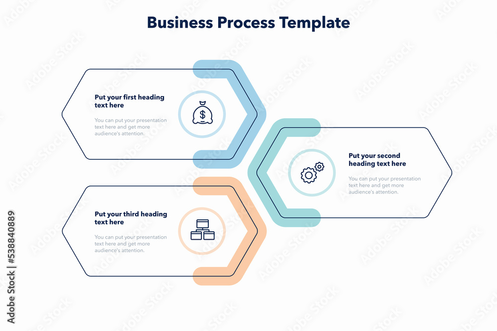 Poster Simple business process template with three colorful stages. Slide for business presentation.