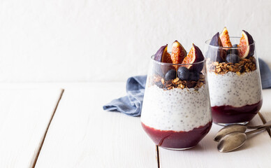 Chia pudding with figs, blueberries and granola. Healthy eating. Vegetarian food. Breakfast.