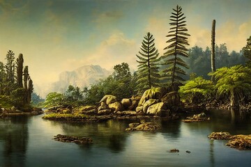 Prehistoric landscape of flora and fauna from jurassic era with scaly trees - obrazy, fototapety, plakaty