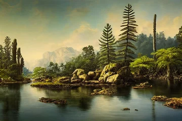 Zelfklevend Fotobehang Prehistoric landscape of flora and fauna from jurassic era with scaly trees © Nordiah