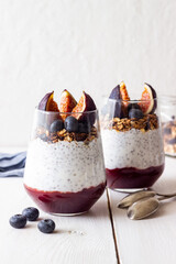 Chia pudding with figs, blueberries and granola. Healthy eating. Vegetarian food. Breakfast.