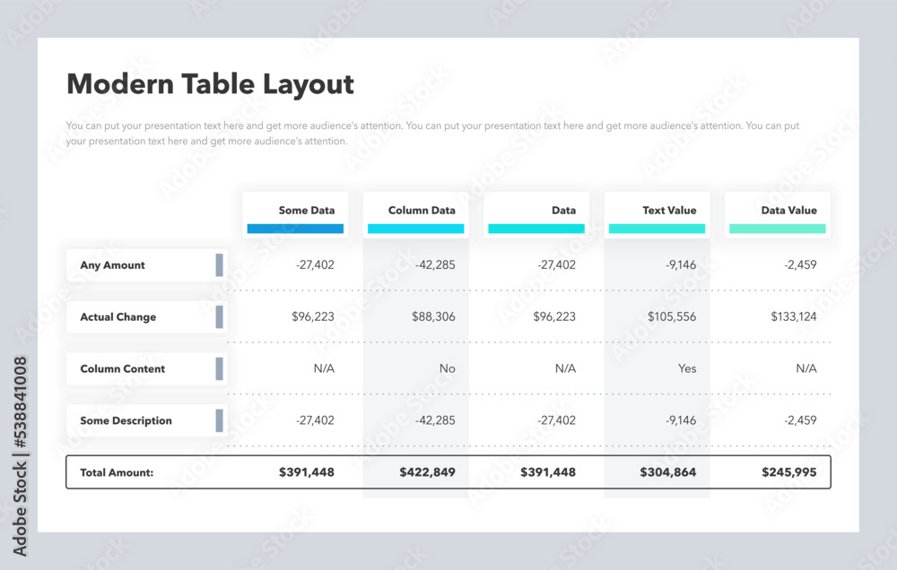 Poster Modern table layout template with a total amount row. Flat infographic design.