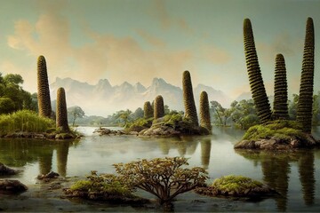 Prehistoric landscape of flora and fauna from jurassic era