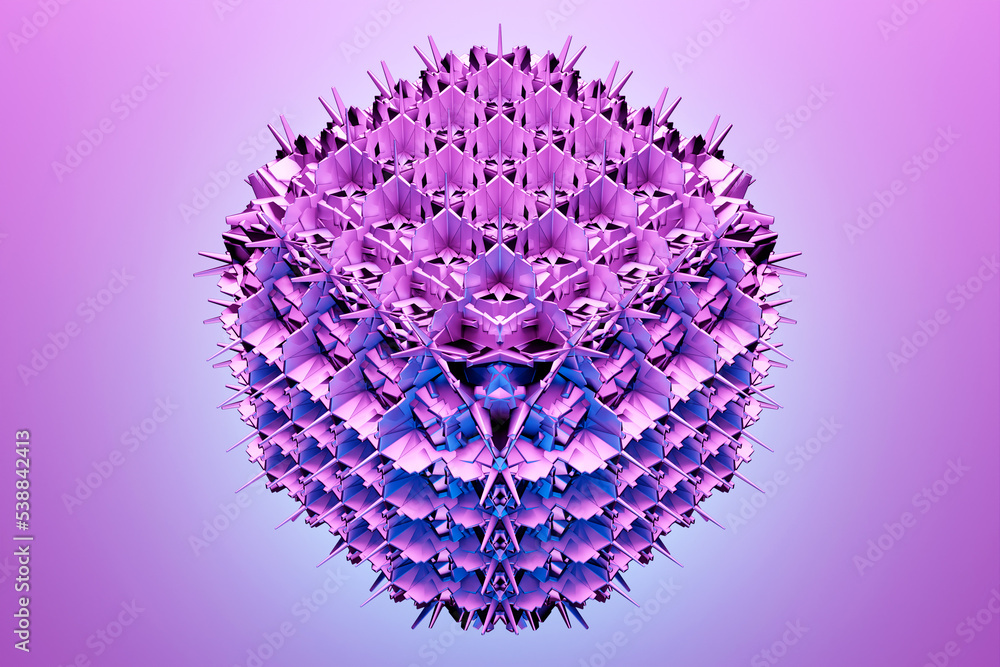 Poster abstract dynamic purple shape with many faces, sides on a purple isolated background. 3d illustratio