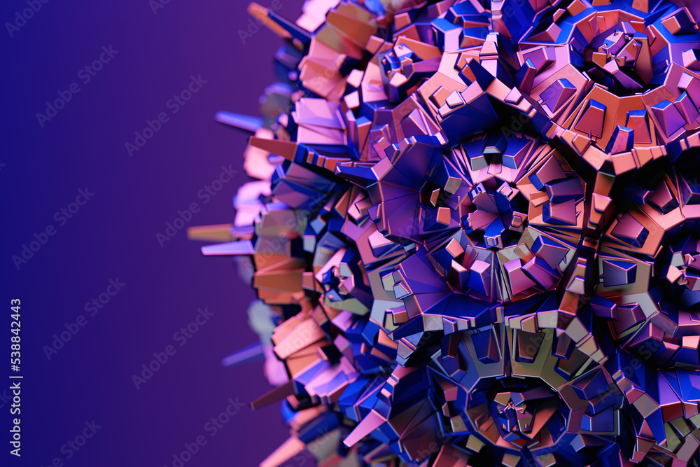 Poster abstract dynamic purple shape with many faces, sides on a purple isolated background. 3d illustratio