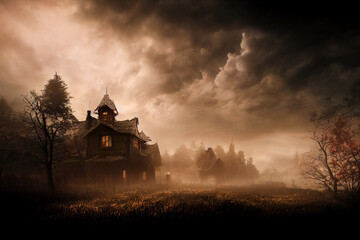 Naklejka na ściany i meble Misty forest in the evening. Spooky concept.Digital art