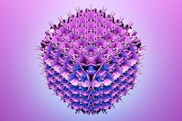 Abstract dynamic  purple  shape with many faces, sides on a  purple  isolated background. 3D illustration and rendering. Elegant line background.