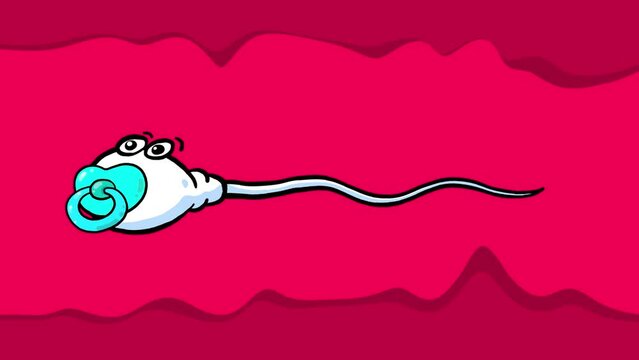 Sperm cell cartoon animated character with a blue teat isolated. Animation loop with alpha channel. Red purple pink background.
