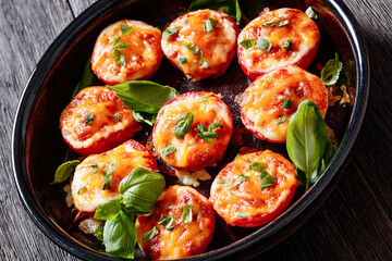 Baked Tomatoes with Mozzarella, Cheddar, Parmesan