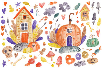Happy Halloween set, autumn background, watercolor