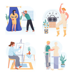 People do their favorite hobby concept scenes set. Men photographing or make sculpture. Women dancing or painting. Collection of people activities. Illustration of characters in flat design