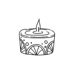 Burning small aromatic candle isolated on white background. Round candle with maple leaf, aromatherapy. Hand drawn doodle style, vector illustration.