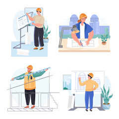 Architects profession concept scenes set. Architect draws blueprints, works on building project, makes measurements. Collection of people activities. Illustration of characters in flat design