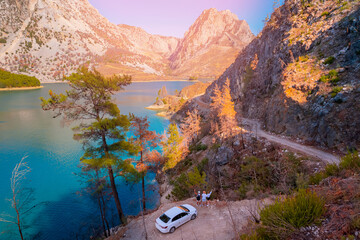 Tourist trip on car Green Canyon Turkey, Manavgat Mountain Lake