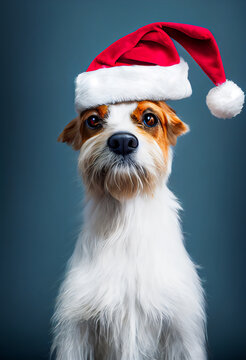 Christmas Portrait Of A Dog With A Red Hat, Studio Background And 3d Illustration