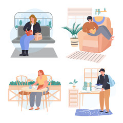People lovers of literature with books concept scenes set. Women read in transport, cafe, at home. Student in library. Collection of human activities. Illustration of characters in flat design