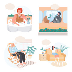 Dreaming people concept scenes set. Man thinks in transport. Woman dreams at dining, sitting at rocking chair or sofa. Collection of human activities. Illustration of characters in flat design