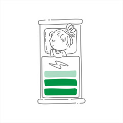 Doodle illustration. Cute girl is sleeping and the battery is charging on her blanket