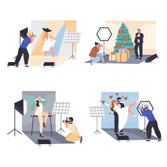 Men and women work as photographers concept scenes set. People make model, holiday or wedding photoshoot in studio. Collection of human activities. Illustration of characters in flat design