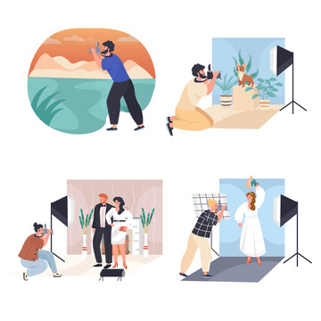 Men and women work as photographers concept scenes set. People take pictures of views, make photoshoot in studio. Collection of human activities. Illustration of characters in flat design