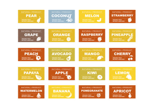 Fruits and berries abstract stickers and labels. Different color packaging for food preparing and culinary. Bags with fruit. mango, cherry, papaya, apple, banana organic product for selling vector set