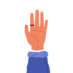 Female hand raised up. Women arm rising upward. Palm with ring accessory on index finger. Wearing jewelry on forefinger. Flat vector illustration isolated on white background