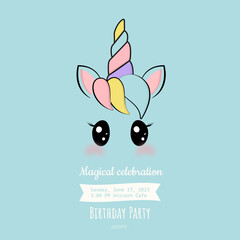 A simple unicorn birthday invitation in delicate sky colors. vector illustration