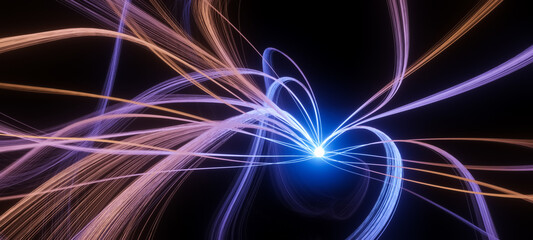 Abstract 3D illustration of purple glowing orb with long curly waving tendrils, science or research concept, neuron cell or synapse visualization on black background