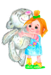 A little girl hugs a teddy bear. The girl and the teddy bear are happy. Pencil drawing. Illustration for children's book and children's creativity.