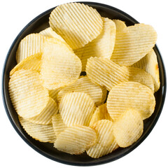 Potato chips in a black tray, flat lay.