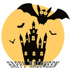 halloween night vector logo with haunted castle and full moon background