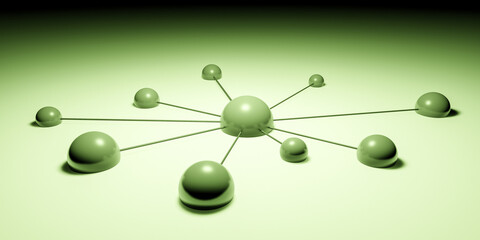 3D illustration of connected dots or spheres, teamwork cooperation or group network concept on green background