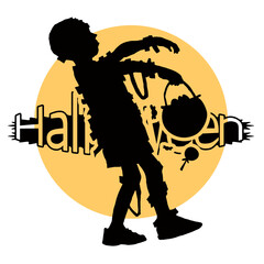halloween night vector logo with little boy in ghost costume background and full moon