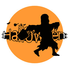 
halloween night vector logo with little boy in ghost costume background and full moon