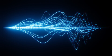 Bright glowing blue neon abstract wireframe sound waves, visualization of frequency signals audio wavelengths, conceptual futuristic technology waveform background with copy space for text
