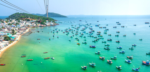 Aerial View from cable car Of Wooden Fishing Boat on sea An Thoi harbor in Phu Quoc Island, Vietnam.