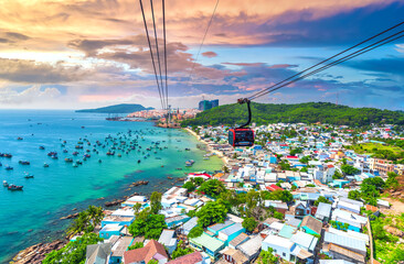 The longest cable car ride in the world, Phu Quoc island in South Vietnam, sunset sky. Below is...
