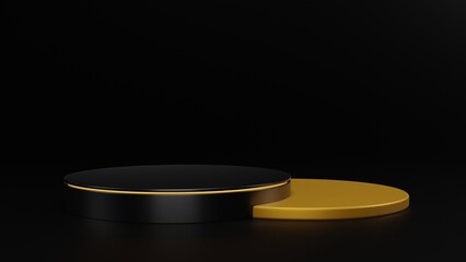 Beautiful, Black and goldden circle showcase isolated on black background. 3d illustration, 3d rendering. Podium standing