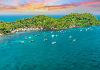Obraz premium Aerial View Of Wooden Fishing Boat On Sea An Thoi Harbour In Phu Quoc Island, Vietnam.