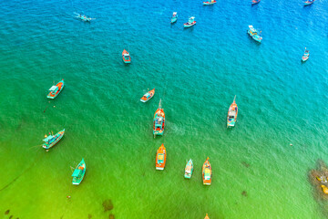 Aerial View Of Wooden Fishing Boat On Sea An Thoi Harbour In Phu Quoc Island, Vietnam.