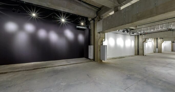 loop movement in circle of large empty room as warehouse, hangar or gallary